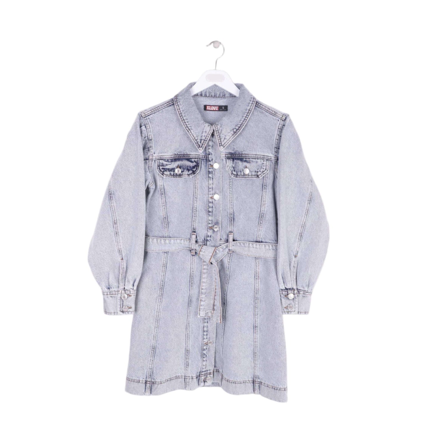 Φόρεμα τζιν με κουμπιά και μπαλονέ μανίκια – Ανοιχτό γκρί