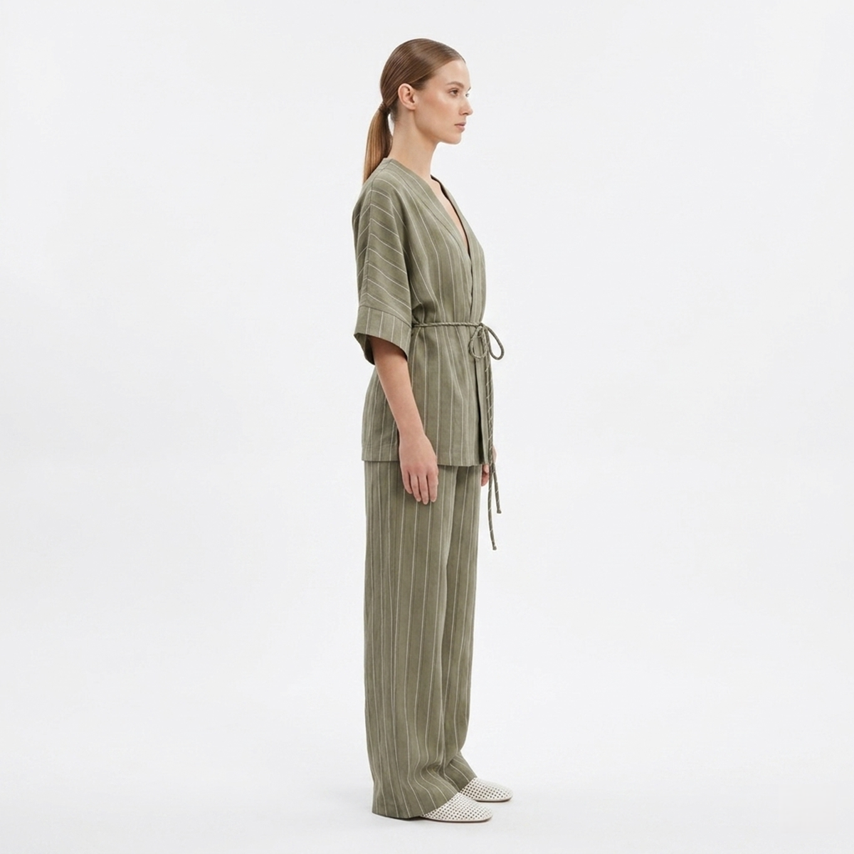 Γυναικείο Βαμβακερό Ριγέ Σύνολο Κιμονό με Ζώνη- Χακί