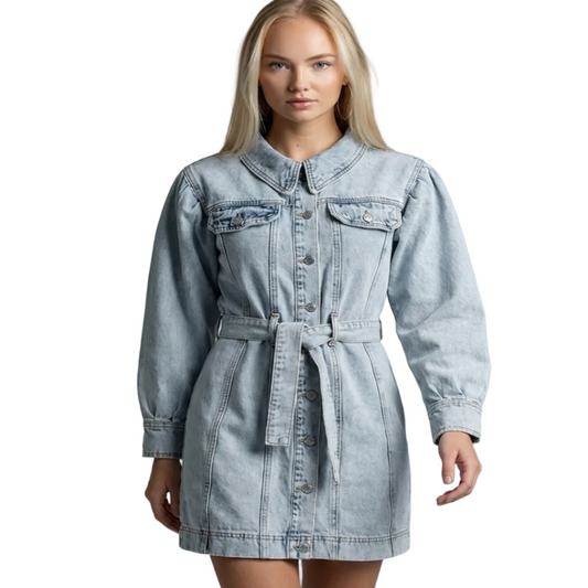 Φόρεμα τζιν με κουμπιά και μπαλονέ μανίκια  – Ανοιχτό γκρί