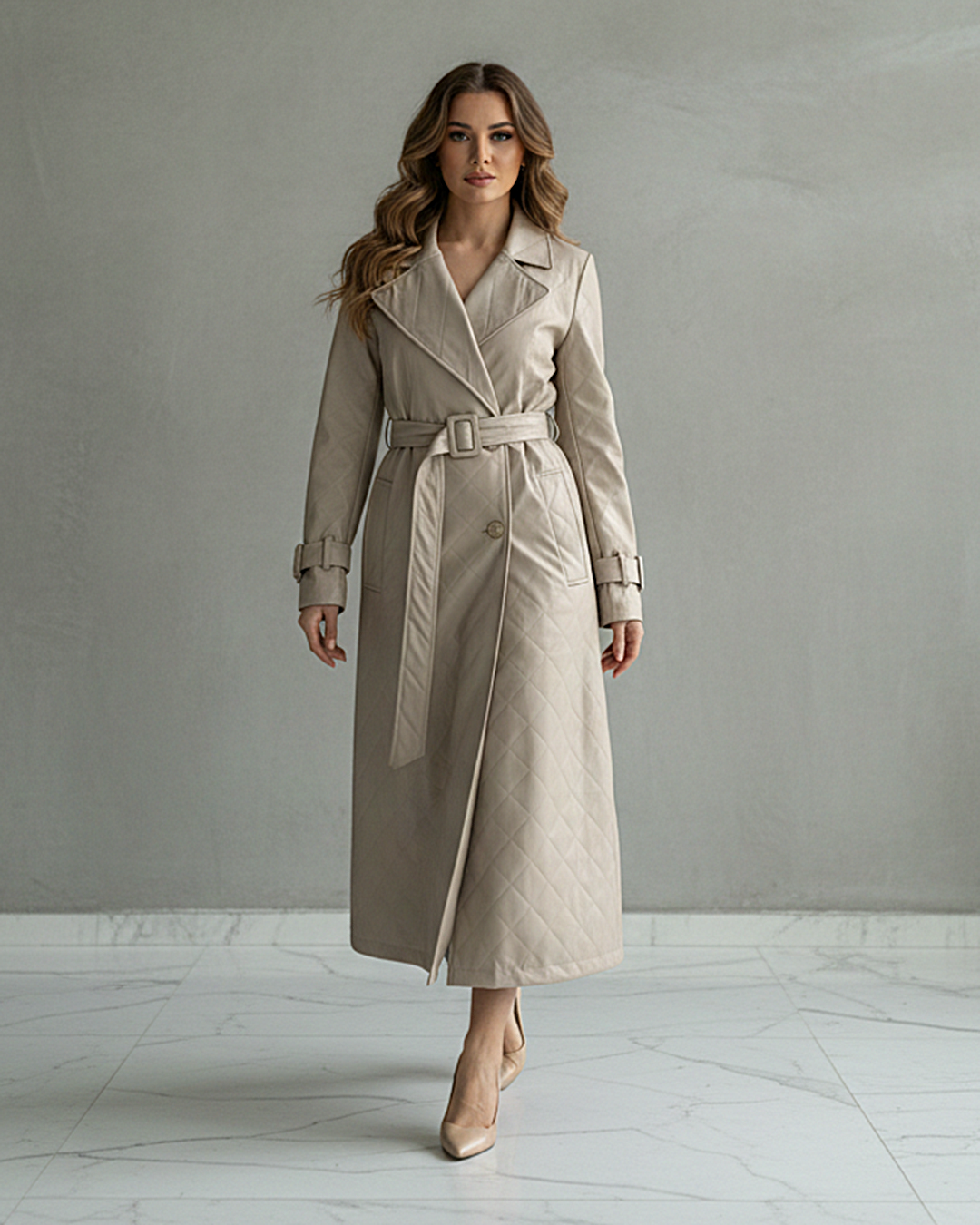 Καπιτονέ Καμπαρντίνα Δερματίνης με Ζώνη – Μπεζ