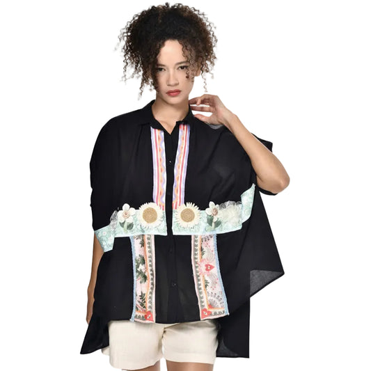 Μαύρο Πουκάμισο με Καλλιτεχνικές Υφασμάτινες Λωρίδες