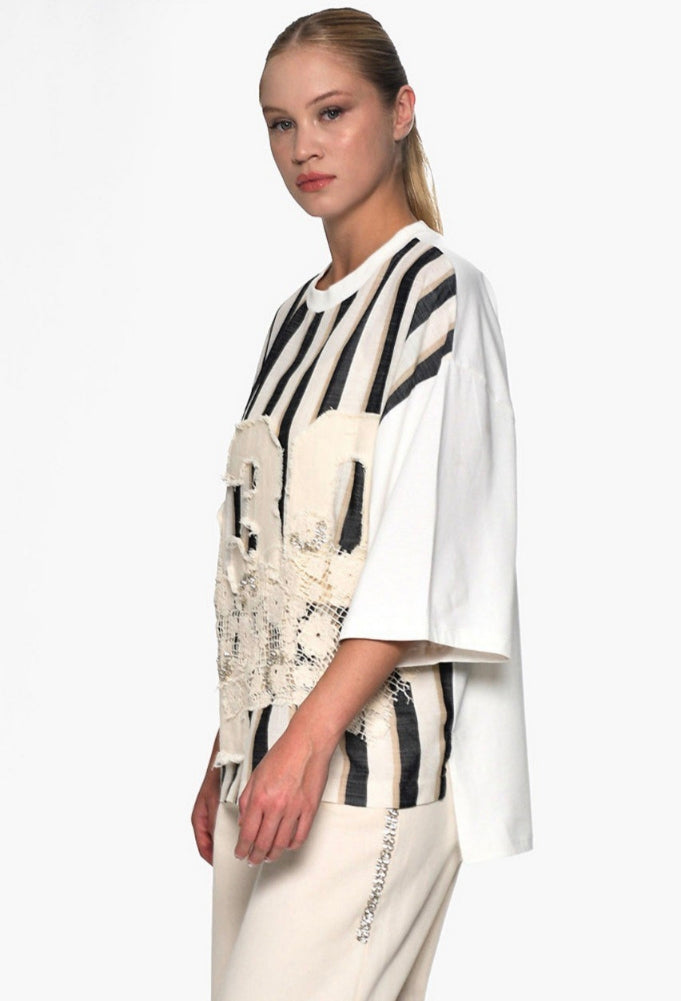 Ριγέ Βαμβακερή Μπλούζα με Ανάγλυφες Λεπτομέρειες