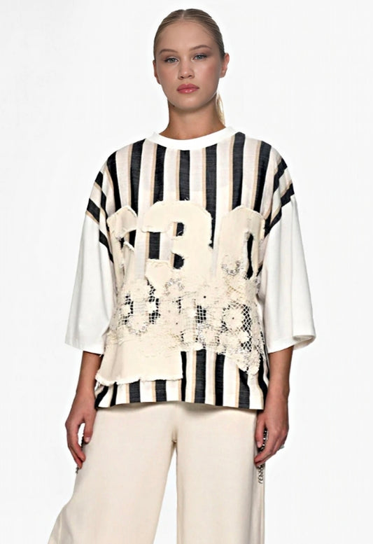 Ριγέ Βαμβακερή Μπλούζα με Ανάγλυφες Λεπτομέρειες