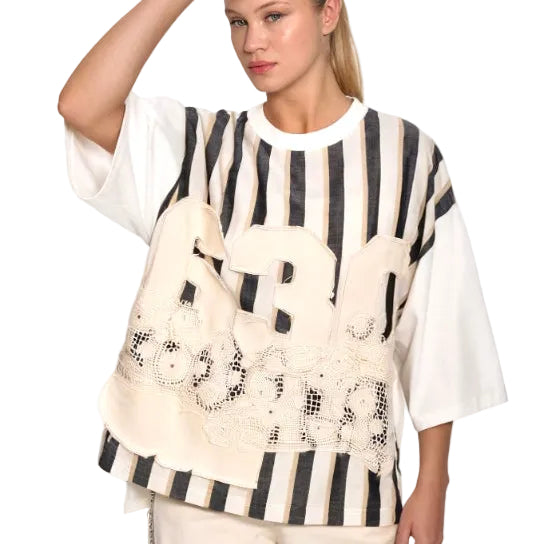 Ριγέ Βαμβακερή Μπλούζα με Ανάγλυφες Λεπτομέρειες