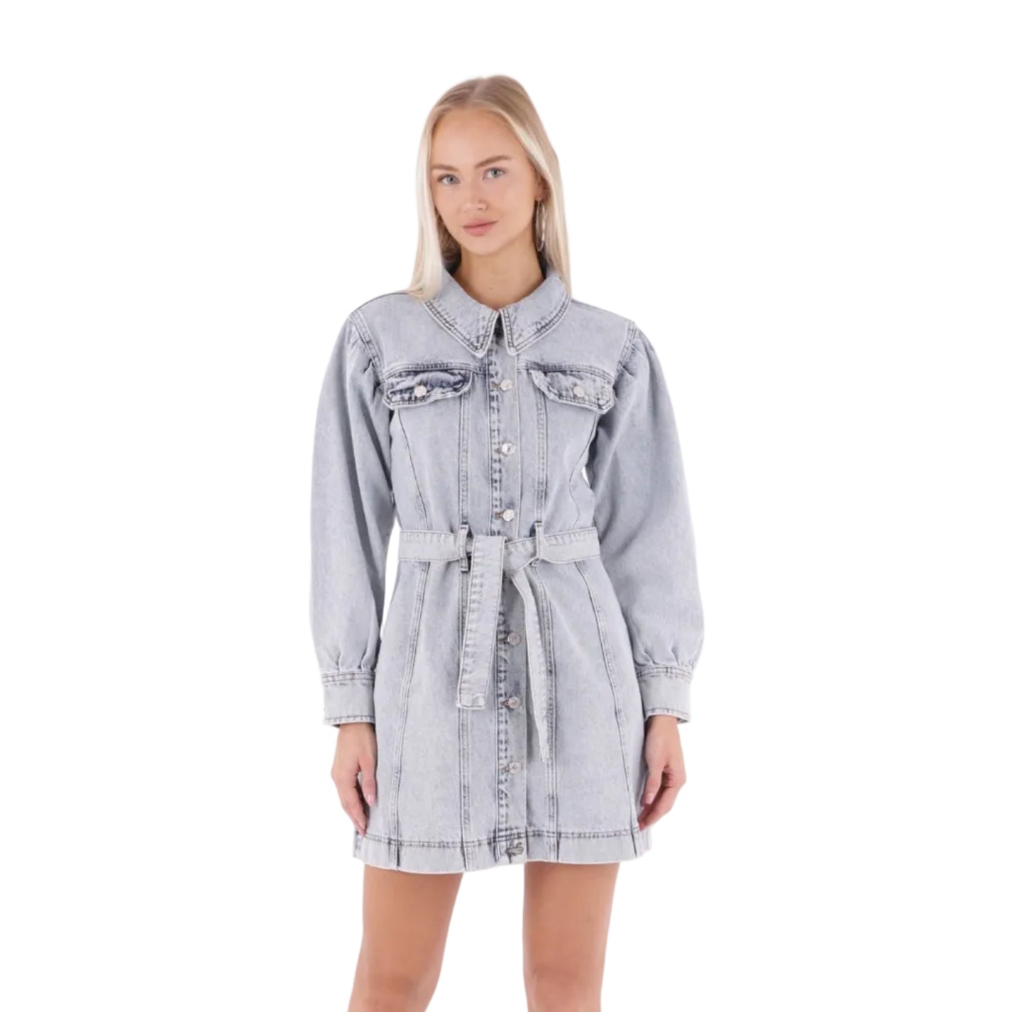 Φόρεμα τζιν με κουμπιά και μπαλονέ μανίκια  – Ανοιχτό γκρί