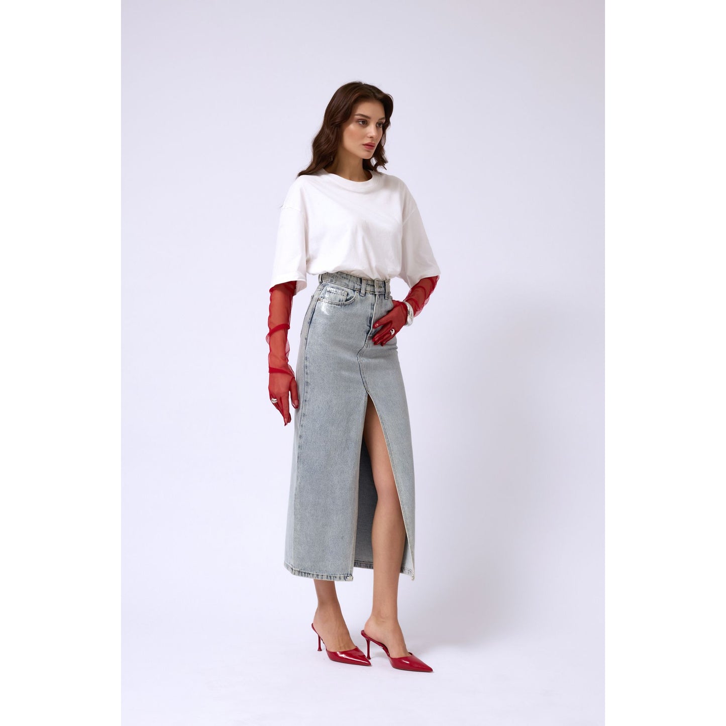 Μακριά Τζιν Φούστα με Σκίσιμο και Μεταλλική Λάμψη – Γκρι