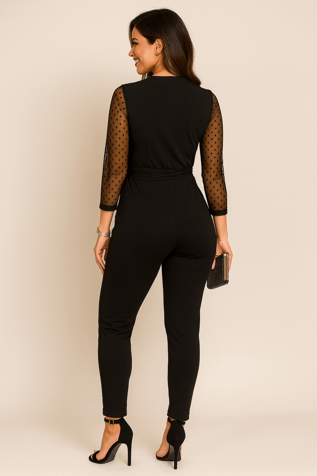 Ολόσωμη Βραδινή Φόρμα με Διάφανα Πουά Μανίκια