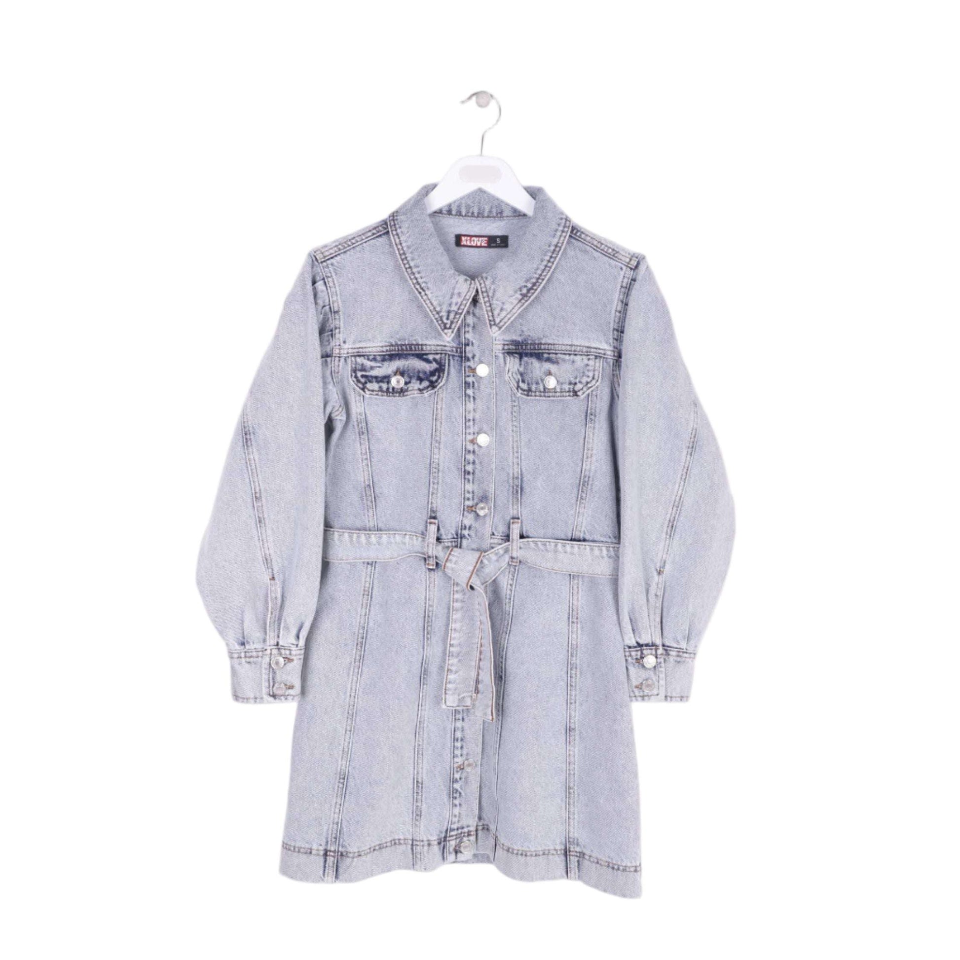 Φόρεμα τζιν με κουμπιά και μπαλονέ μανίκια  – Ανοιχτό γκρί