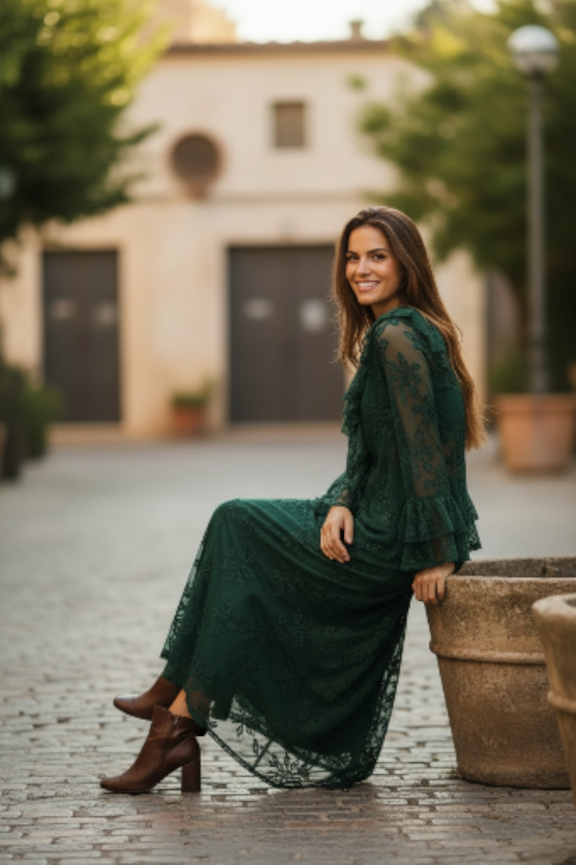 Emerald Lace Blouse &amp; Maxi Skirt Set