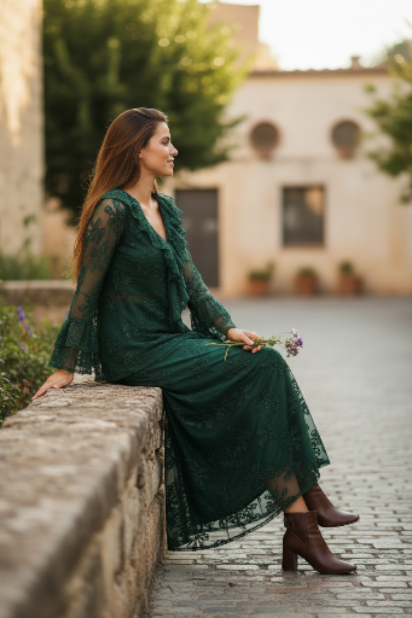 Emerald Lace Blouse &amp; Maxi Skirt Set