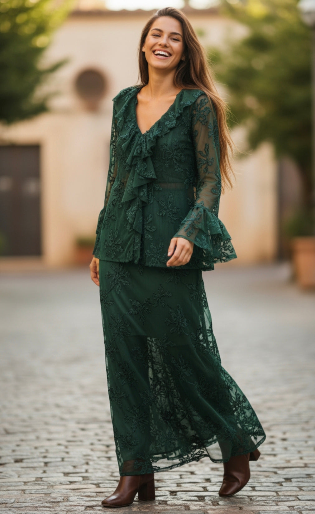 Emerald Lace Blouse &amp; Maxi Skirt Set