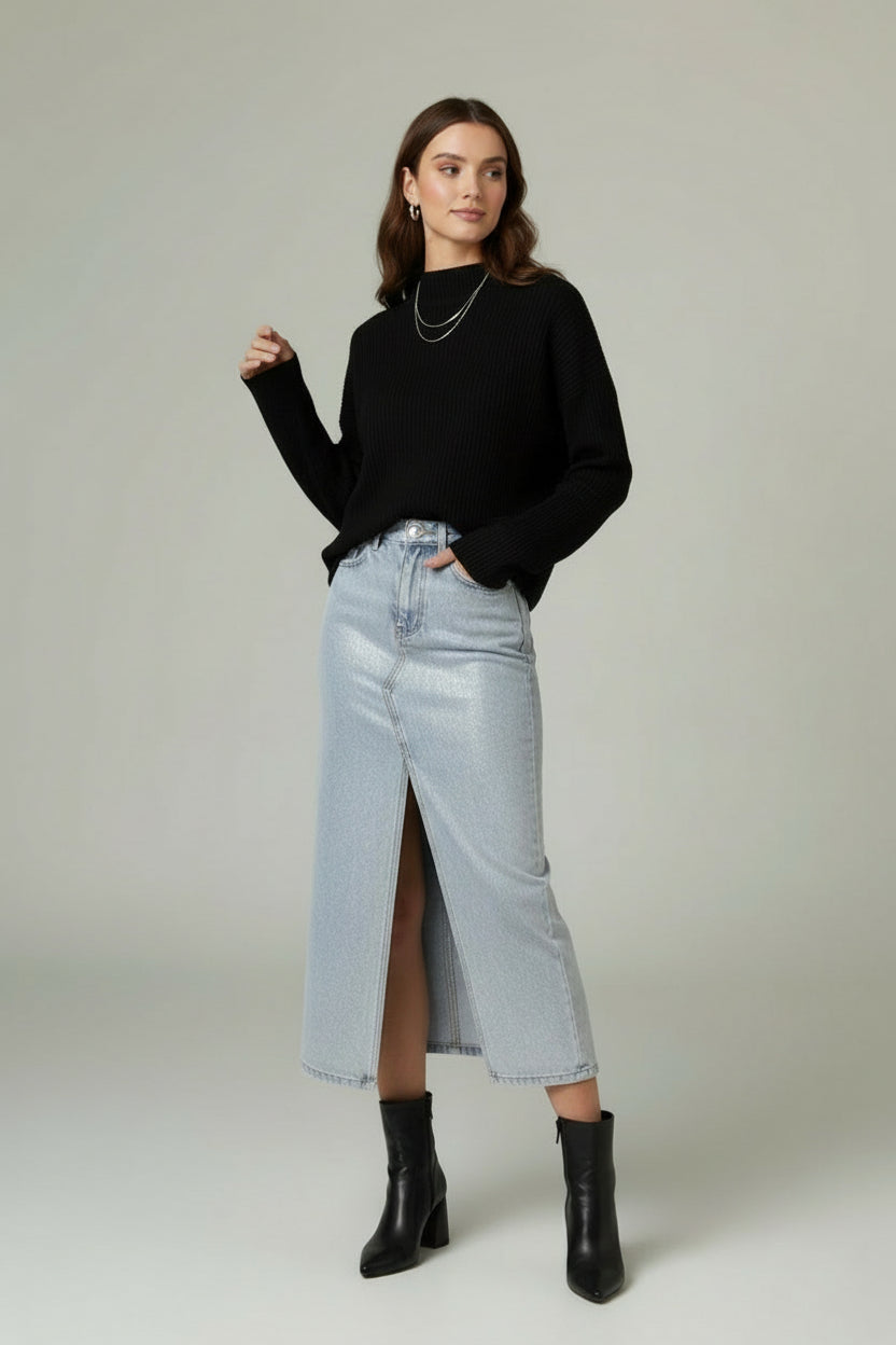 Μακριά Τζιν Φούστα με Σκίσιμο και Μεταλλική Λάμψη – Γκρι