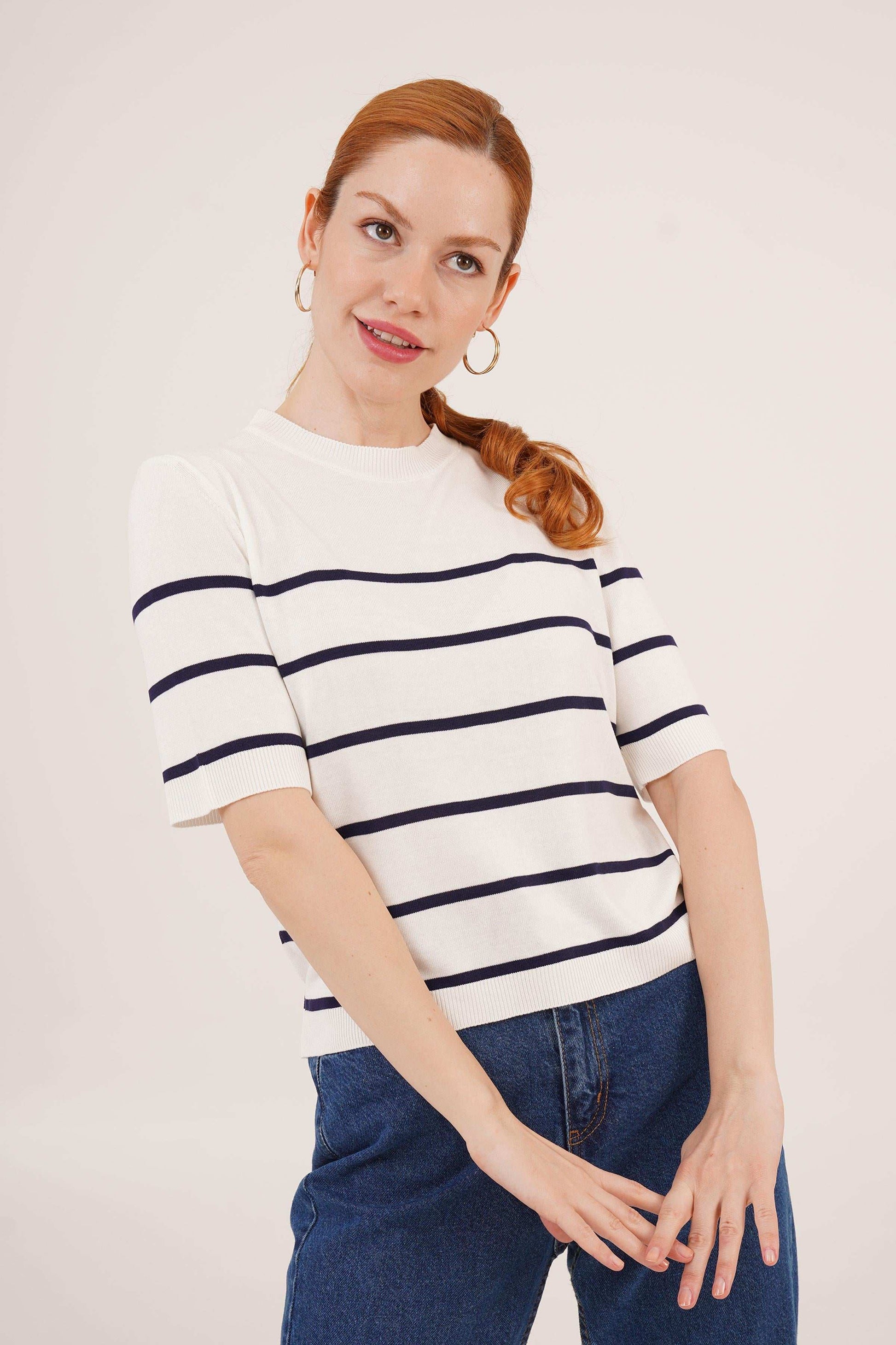 Ριγέ Μπλούζα Λευκό–Navy